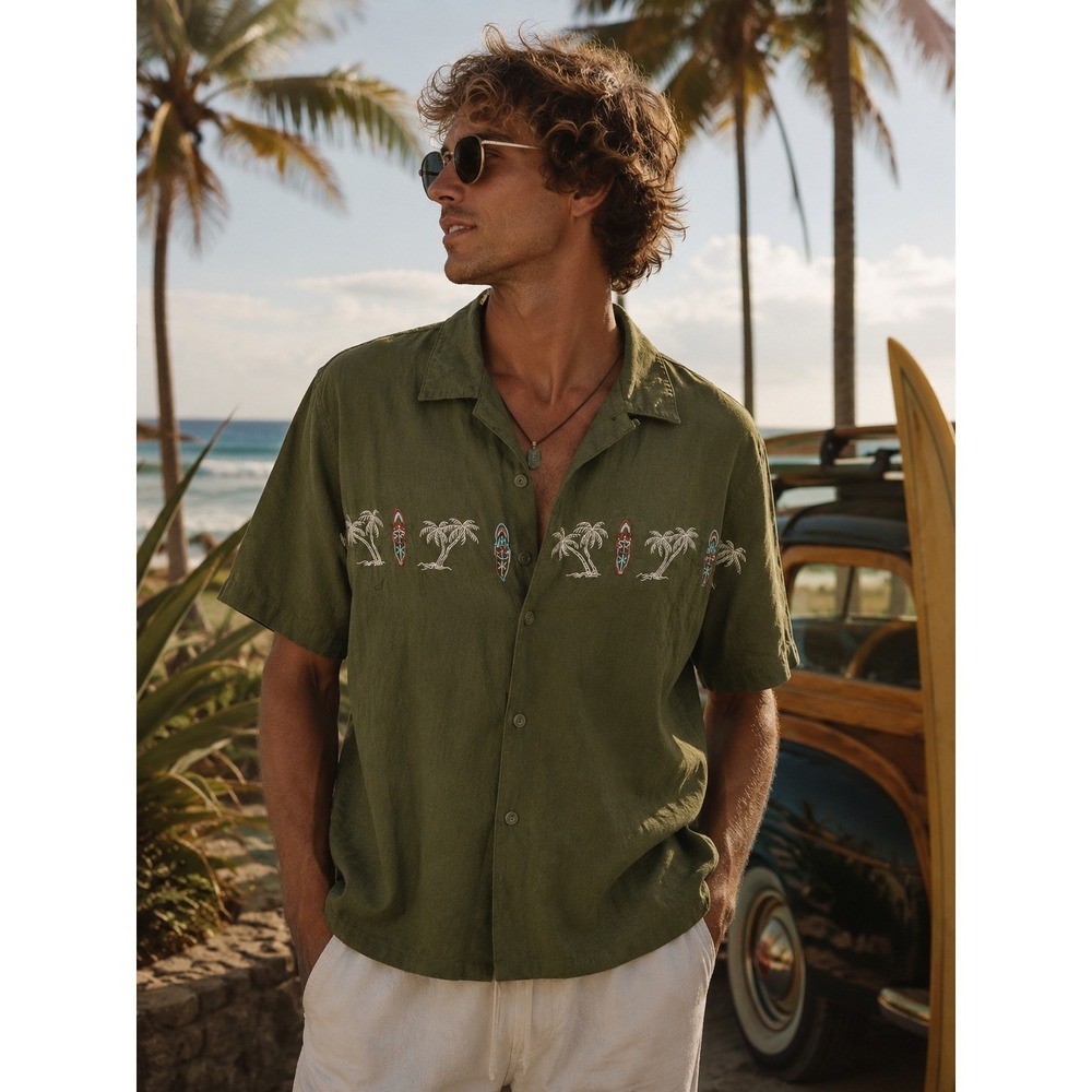 Island Blue Mens XL Olive Green Linen Blend Embroidered Palm Tree Surf Shirt